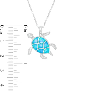 Silver Created Blue Opal Sea Turtle Pendant Keychain, Birthstone