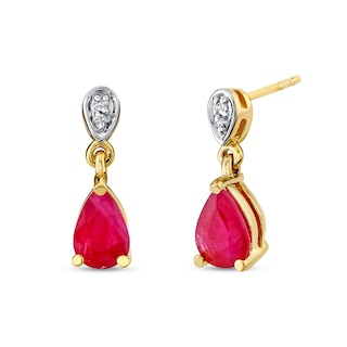 Pear-shaped Ruby And Diamond Accent Drop Earrings In 14k Gold 