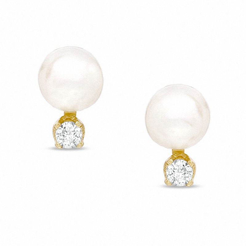 5.5-6.0mm Akoya Cultured Pearl Earrings with Diamond Accents in 14K Gold