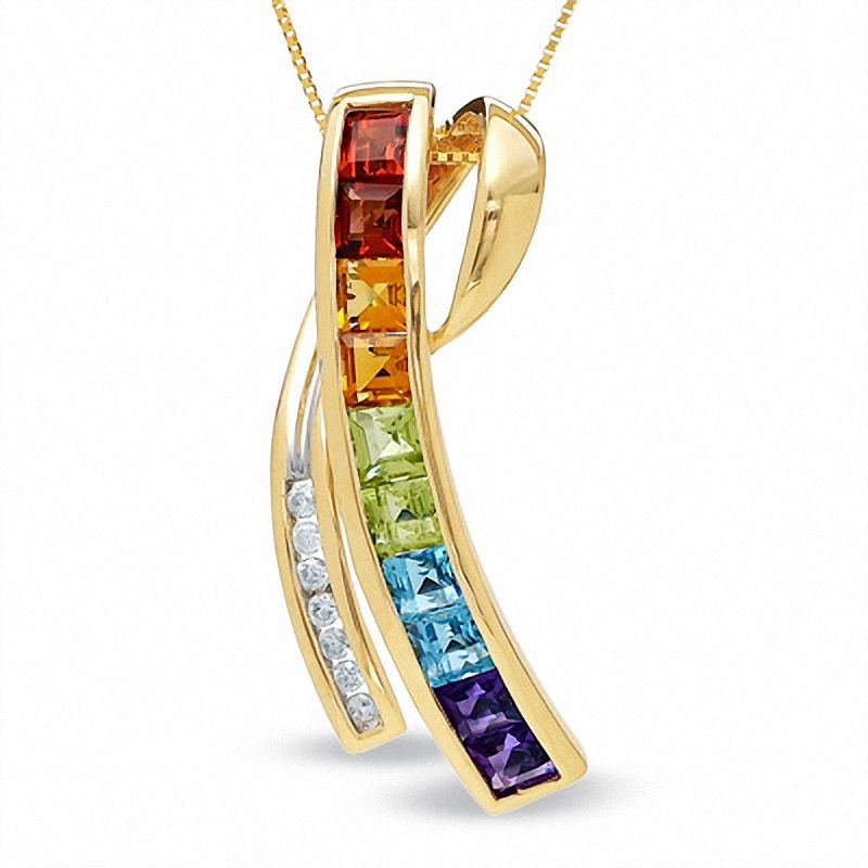 Main Image 1 of Multi-Gemstone Curl &quot;X&quot; Pendant in 14K Gold with Diamond Accents