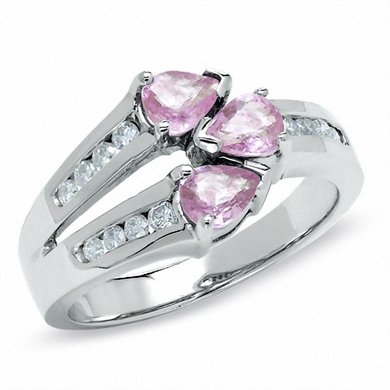 Main Image 1 of Pear-Shaped Pink Sapphire and Diamond Ring in 14K White Gold