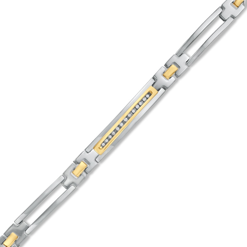 Main Image 1 of Men's Stainless Steel ID Bracelet with 14K Gold and Diamond Accents - 8.5&quot;