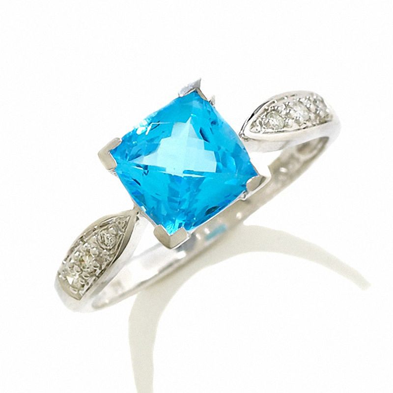 Main Image 1 of Square Blue Topaz and Diamond Ring in 14K White Gold