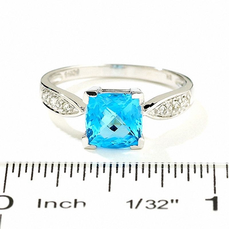 Main Image 2 of Square Blue Topaz and Diamond Ring in 14K White Gold