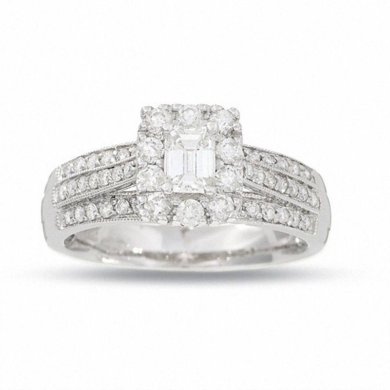 1 CT. T.W. Emerald Cut Diamond Vintage Three Row Ring in 14K White Gold