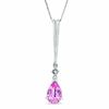 Thumbnail Image 0 of Pear-Shaped Lab-Created Pink Sapphire and Diamond Stick Pendant in 14K Gold