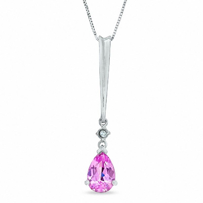 Pear-Shaped Lab-Created Pink Sapphire and Diamond Stick Pendant in 14K Gold