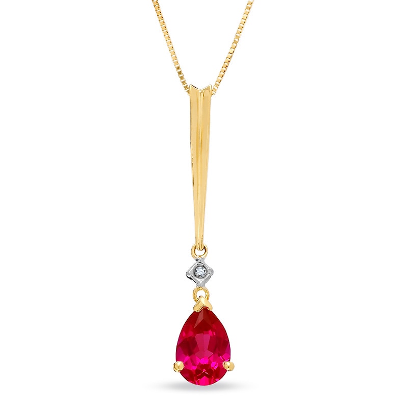 Main Image 1 of Pear-Shaped Lab-Created Ruby and Diamond Stick Pendant in 14K Gold