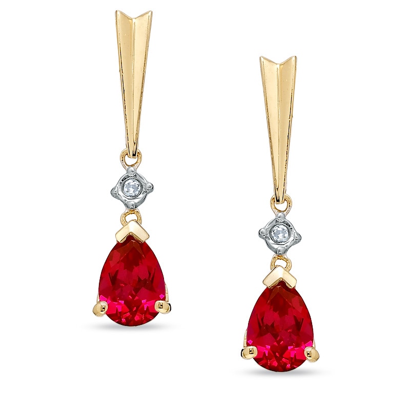 Main Image 1 of Pear-Shaped Lab-Created Ruby and Diamond Stick Earrings in 14K Gold