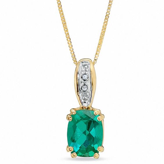 Cushion-Cut Lab-Created Emerald and Diamond Accent Pendant in 10K Gold ...