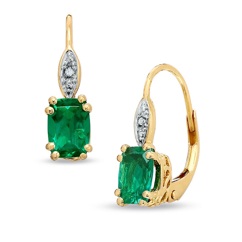 Cushion-Cut Lab-Created Emerald and Diamond Accent Drop Earrings in 10K Gold