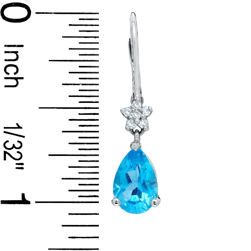Pear-Shaped Blue Topaz Leverback Earrings in 14K White Gold with Diamond Accents