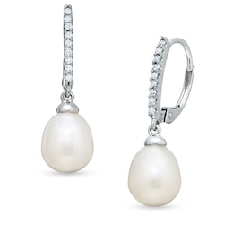 7.0-7.5mm Pear-Shaped Freshwater Cultured Pearl and 1/10 CT. T.W. Diamond Drop Earrings in 10K White Gold