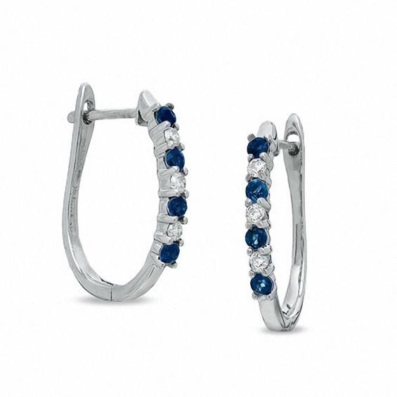 Sapphire and Diamond Hoop Earrings in 14K White Gold | Gemstone ...