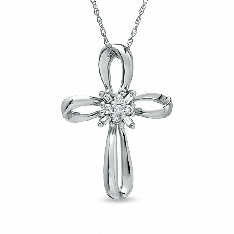 Main Image 1 of 1/8 CT. T.W. Diamond Loop Cross Pendant in 10K White Gold