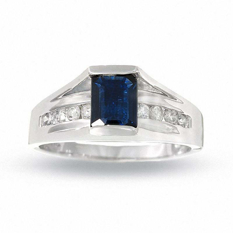 Main Image 1 of Rectangle Sapphire and Diamond Ring in 14K White Gold