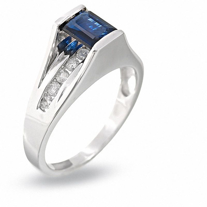 Main Image 2 of Rectangle Sapphire and Diamond Ring in 14K White Gold