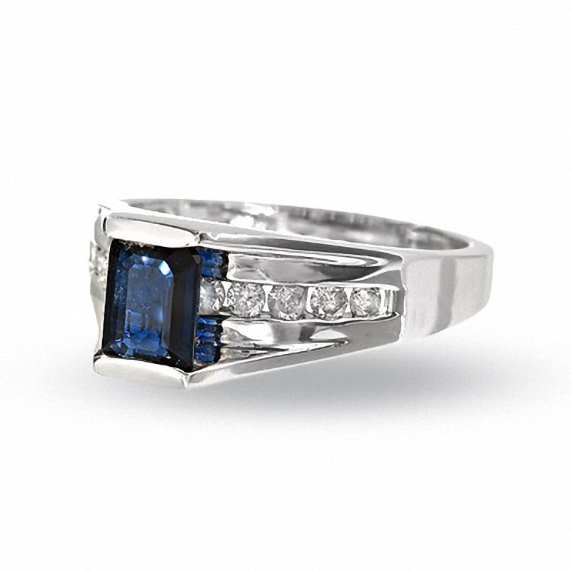 Main Image 3 of Rectangle Sapphire and Diamond Ring in 14K White Gold