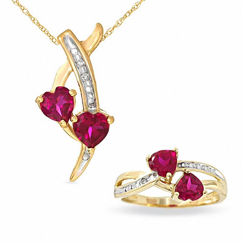 Lab-Created Double Ruby Heart Pendant and Ring Set in 10K Gold