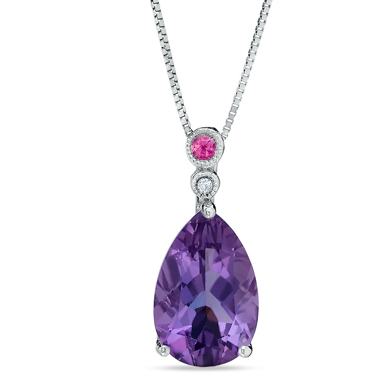 Pear-Shaped Amethyst and Pink Tourmaline Pendant in 14K White Gold with Diamond Accent