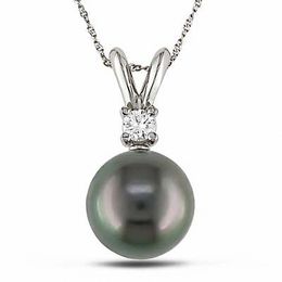 8.0-9.0mm Black Tahitian Cultured Pearl and Diamond Accent Pendant in 14K White Gold