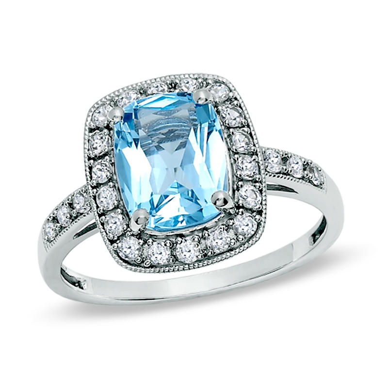 Main Image 1 of Cushion-Cut Blue Topaz and Lab-Created White Sapphire Frame Ring in 14K White Gold