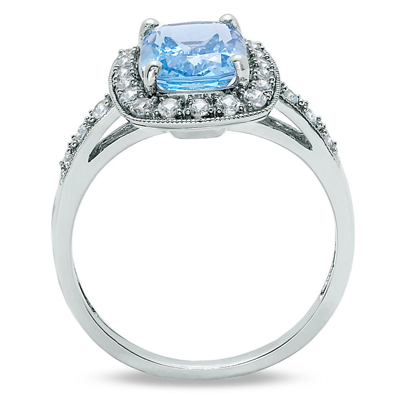 Main Image 2 of Cushion-Cut Blue Topaz and Lab-Created White Sapphire Frame Ring in 14K White Gold