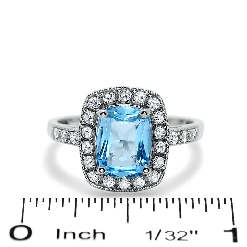 Main Image 3 of Cushion-Cut Blue Topaz and Lab-Created White Sapphire Frame Ring in 14K White Gold