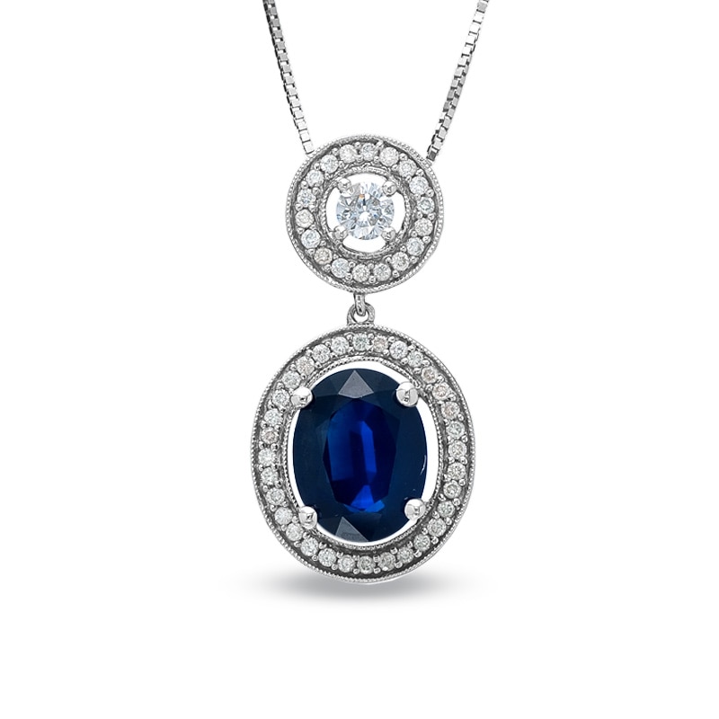 Oval Sapphire and Diamond Framed Drop Pendant in 14K White Gold
