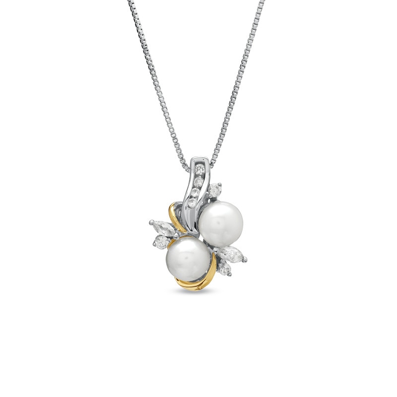 7.0mm Freshwater Cultured Pearl and Lab-Created White Sapphire Swirl Pendant in Sterling Silver and 14K Gold