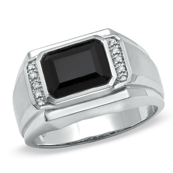Men's Emerald-Cut Onyx Ring in 14K White Gold with Diamond Accents ...