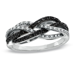 1/4 CT. T.W.  Black and White Diamond Braided Twist Ring in 10K White Gold