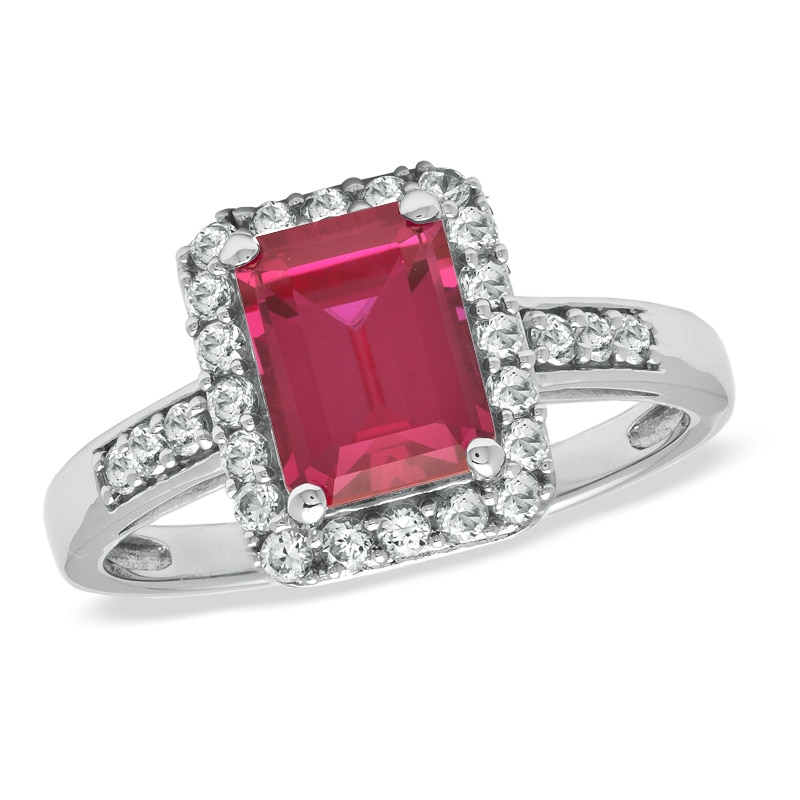 Main Image 1 of Emerald-Cut Lab-Created Ruby and White Sapphire Ring in Sterling Silver