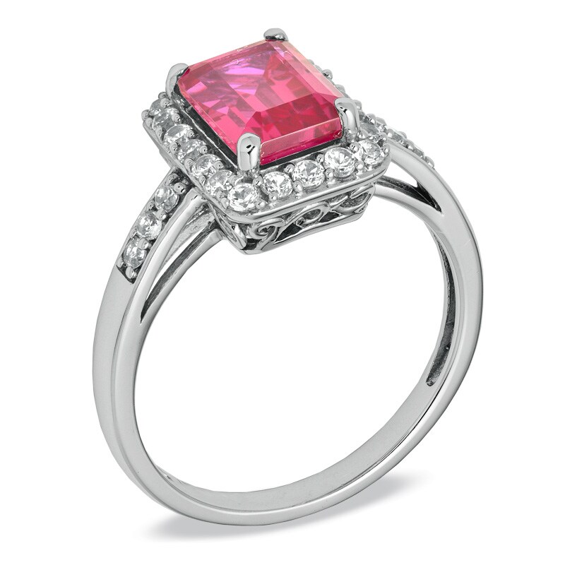 Main Image 2 of Emerald-Cut Lab-Created Ruby and White Sapphire Ring in Sterling Silver