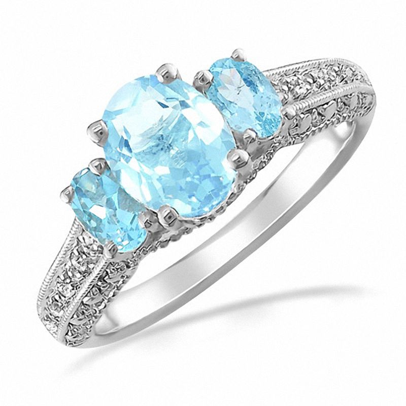 Main Image 1 of Oval Aquamarine and Diamond Accent Three Stone Ring in 14K White Gold