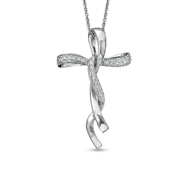 Main Image 1 of 1/5 CT. T.W. Diamond Twist Cross Pendant in Sterling Silver