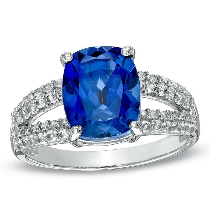 Cushion-Cut Lab-Created Blue and White Sapphire Split Shank Ring in 14K ...