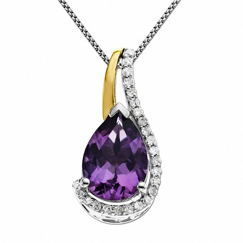 Pear-Shaped Amethyst and 1/10 CT. T.W. Diamond Pendant in Sterling Silver and 14K Gold Plate