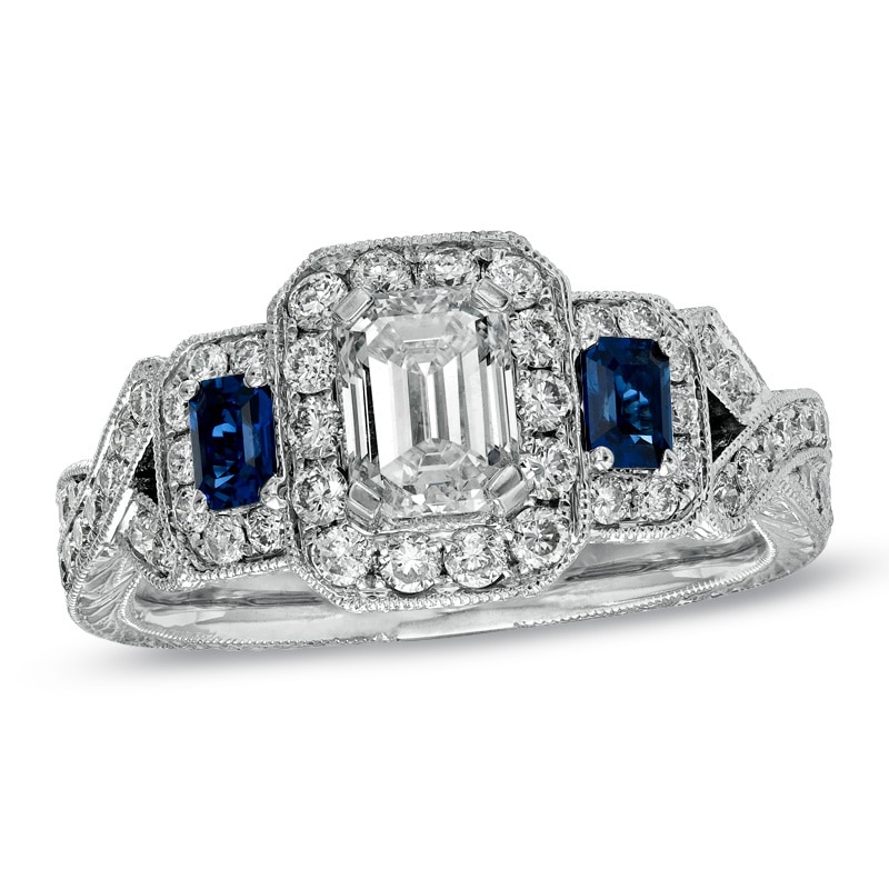 1-1/2 CT. T.W. Certified Diamond and Sapphire Engagement Ring in 14K White Gold (I/I1)