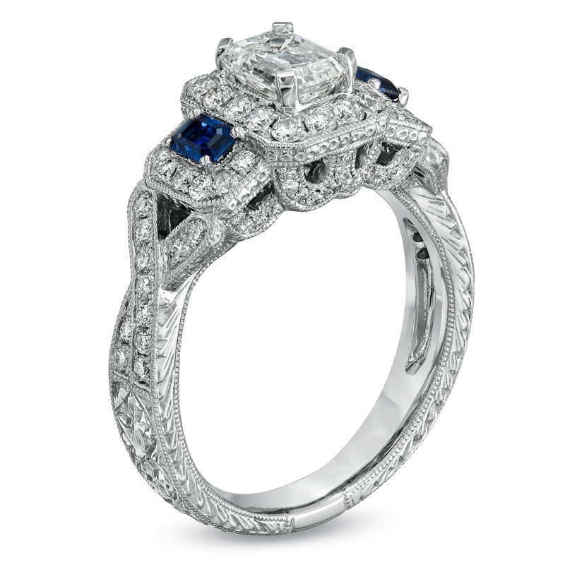1-1/2 CT. T.W. Certified Diamond and Sapphire Engagement Ring in 14K White Gold (I/I1)