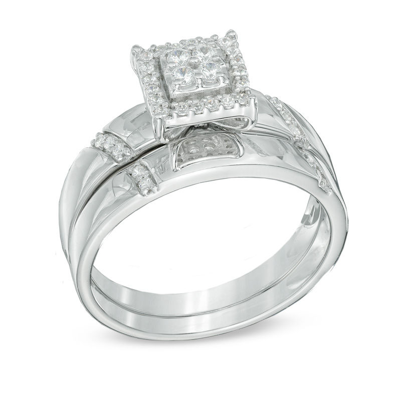 Main Image 2 of 1/5 CT. T.W. Multi-Diamond Square Frame Bridal Set in 10K White Gold