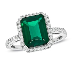 Lab-Created Emerald and White Sapphire Ring in Sterling Silver