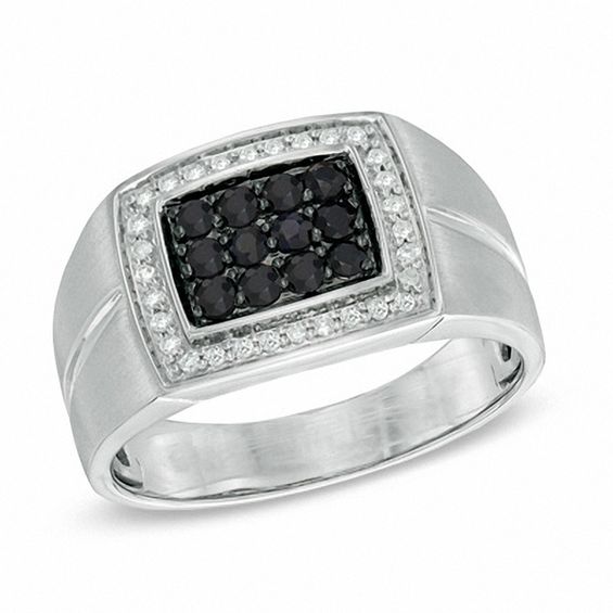 Men's Black Sapphire and 1/6 CT. T.W. Diamond Ring in Sterling Silver ...