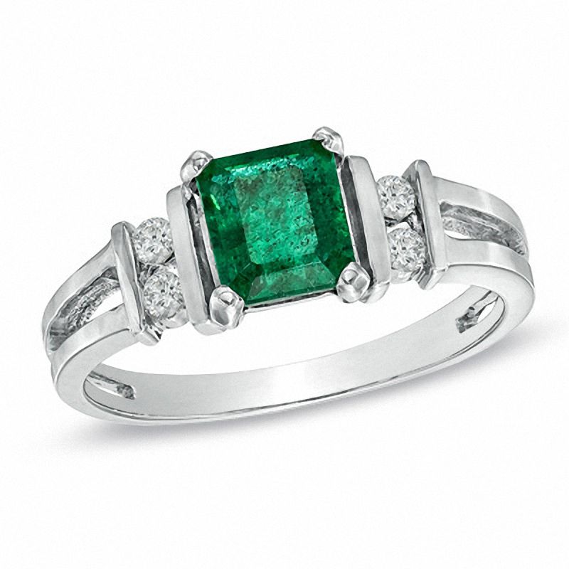 Main Image 1 of Emerald-Cut Emerald and 1/10 CT. T.W. Diamond Engagement Ring in 14K White Gold