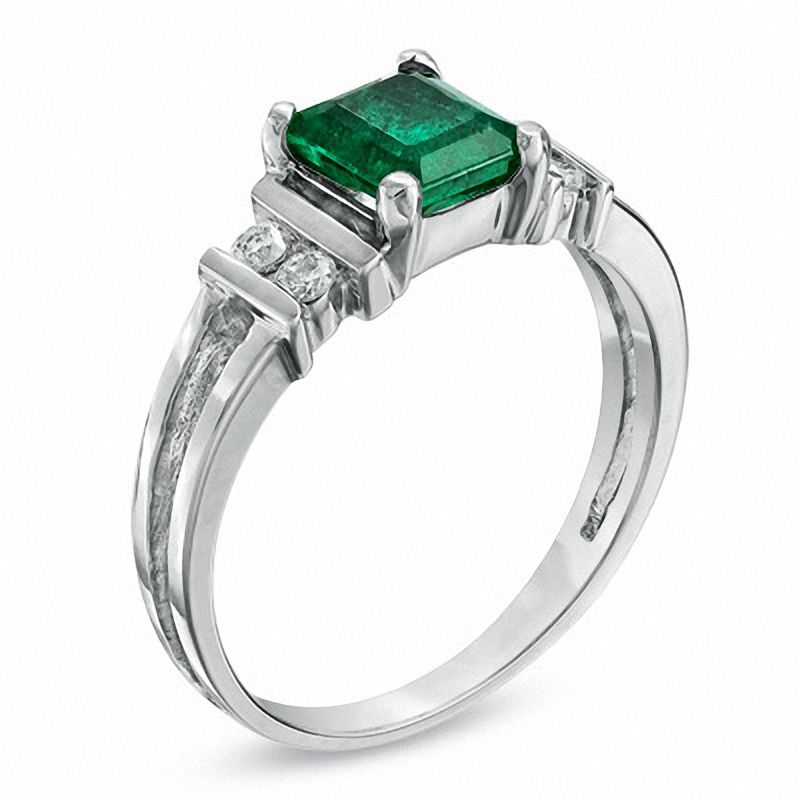 Main Image 2 of Emerald-Cut Emerald and 1/10 CT. T.W. Diamond Engagement Ring in 14K White Gold