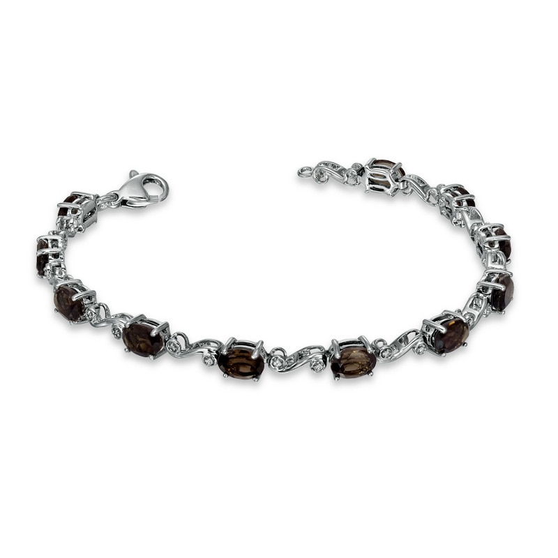 Main Image 2 of Oval Smoky Quartz and Diamond Accent Swirl Bracelet in Sterling Silver - 7.25&quot;