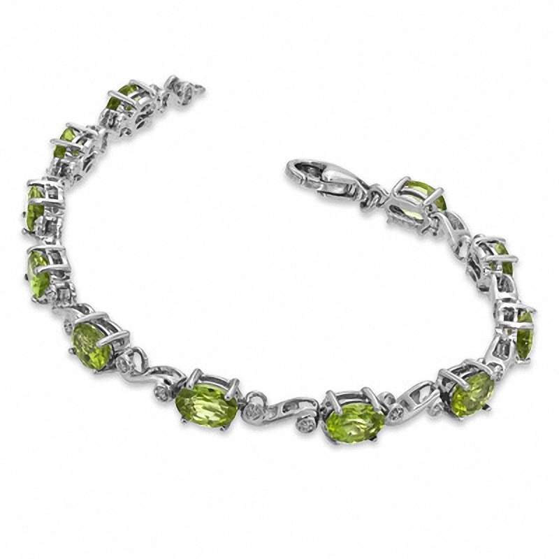 Oval Peridot and Diamond Accent Bracelet in Sterling Silver - 7.25"