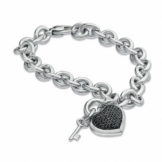 1/3 CT. T.W. Black Diamond Heart with Key Charm Bracelet in