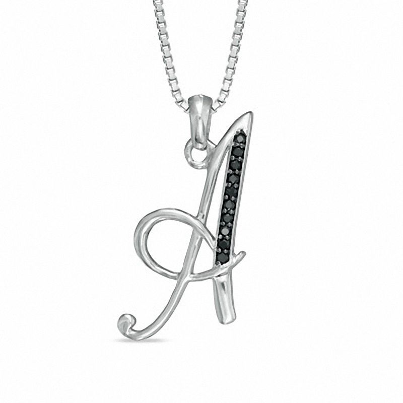 Black Diamond Accent "A" Initial Pendant in Sterling Silver