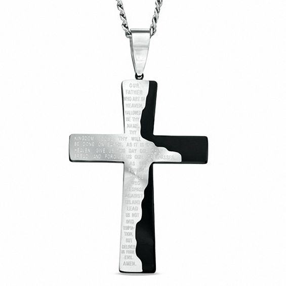 Stainless Steel Engraved Plate Cross Necklace with Our Father Prayer